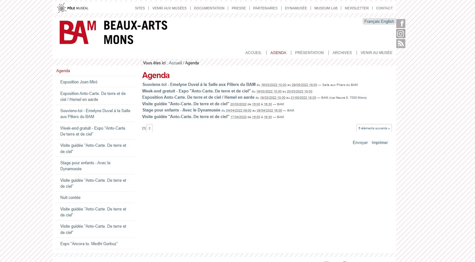 Capture d'écran de la page agenda du site du BAM