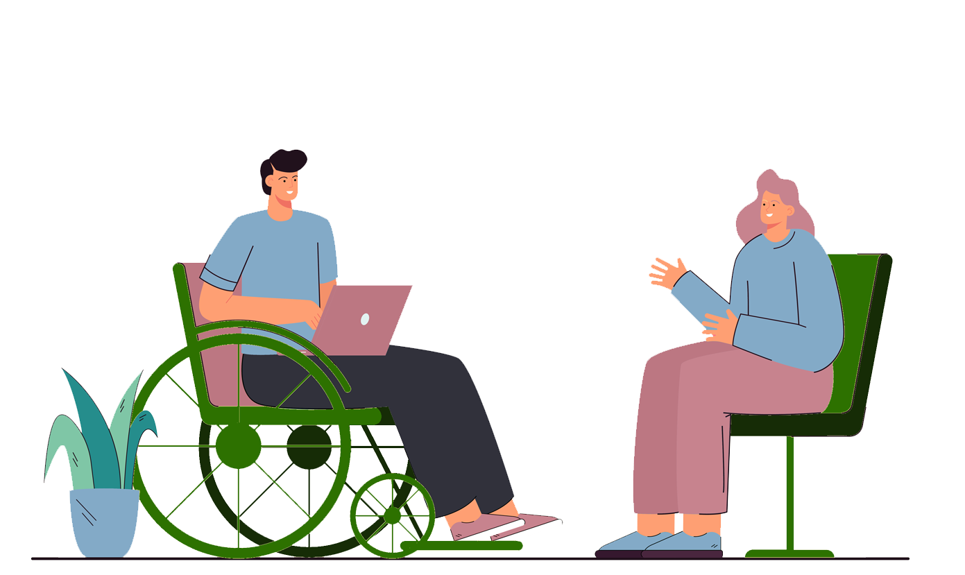 Illustration d'une interviews avec une personne en fauteuil roulant