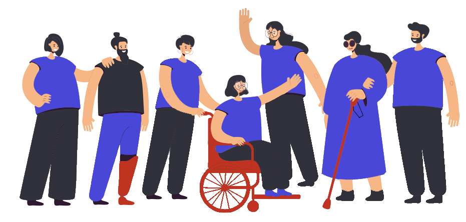 Illustration de gens souriants qui saluent l'objectif, handicapés ou non